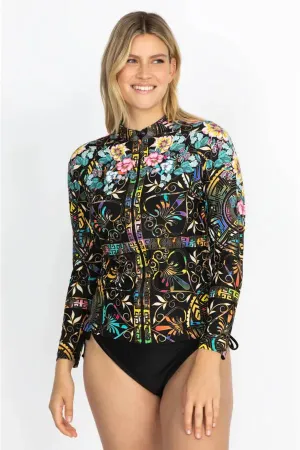 Johnny Was Swimwear Joy Surf Shirt Floral Rash Guard Black Flowers Plus Top NEW