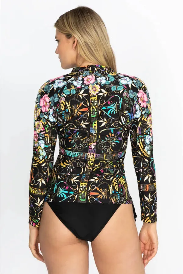 Johnny Was Swimwear Joy Surf Shirt Floral Rash Guard Black Flowers Plus Top NEW