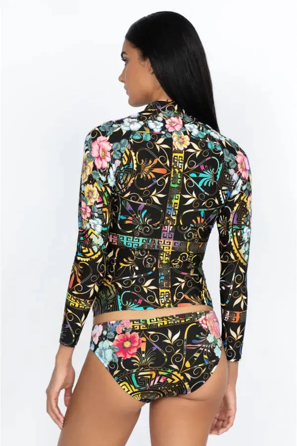 Johnny Was Swimwear Joy Surf Shirt Floral Rash Guard Black Flowers Plus Top NEW
