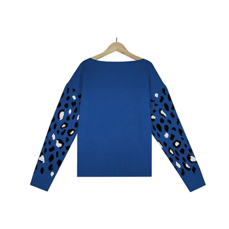 Leopard Print Crew Neck Knit Sweater