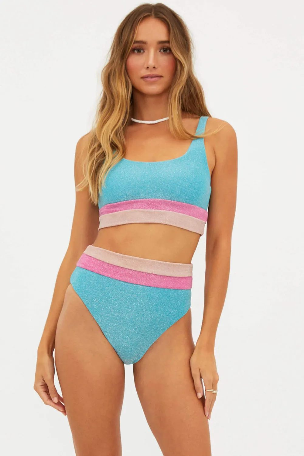 Light Blue Colorblock High Waisted Bikini Swimsuit