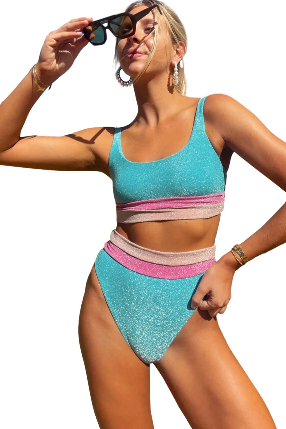 Light Blue Colorblock High Waisted Bikini Swimsuit