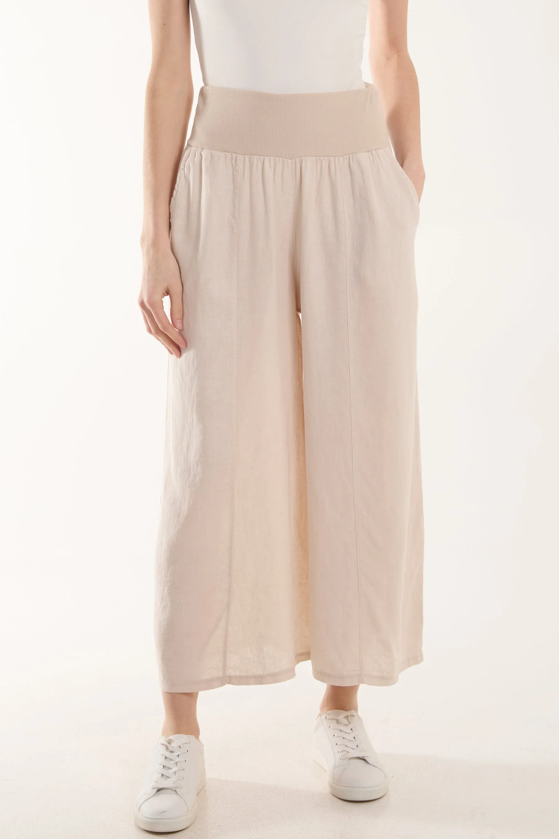 Linen Blend Wide Leg Waistband Trousers