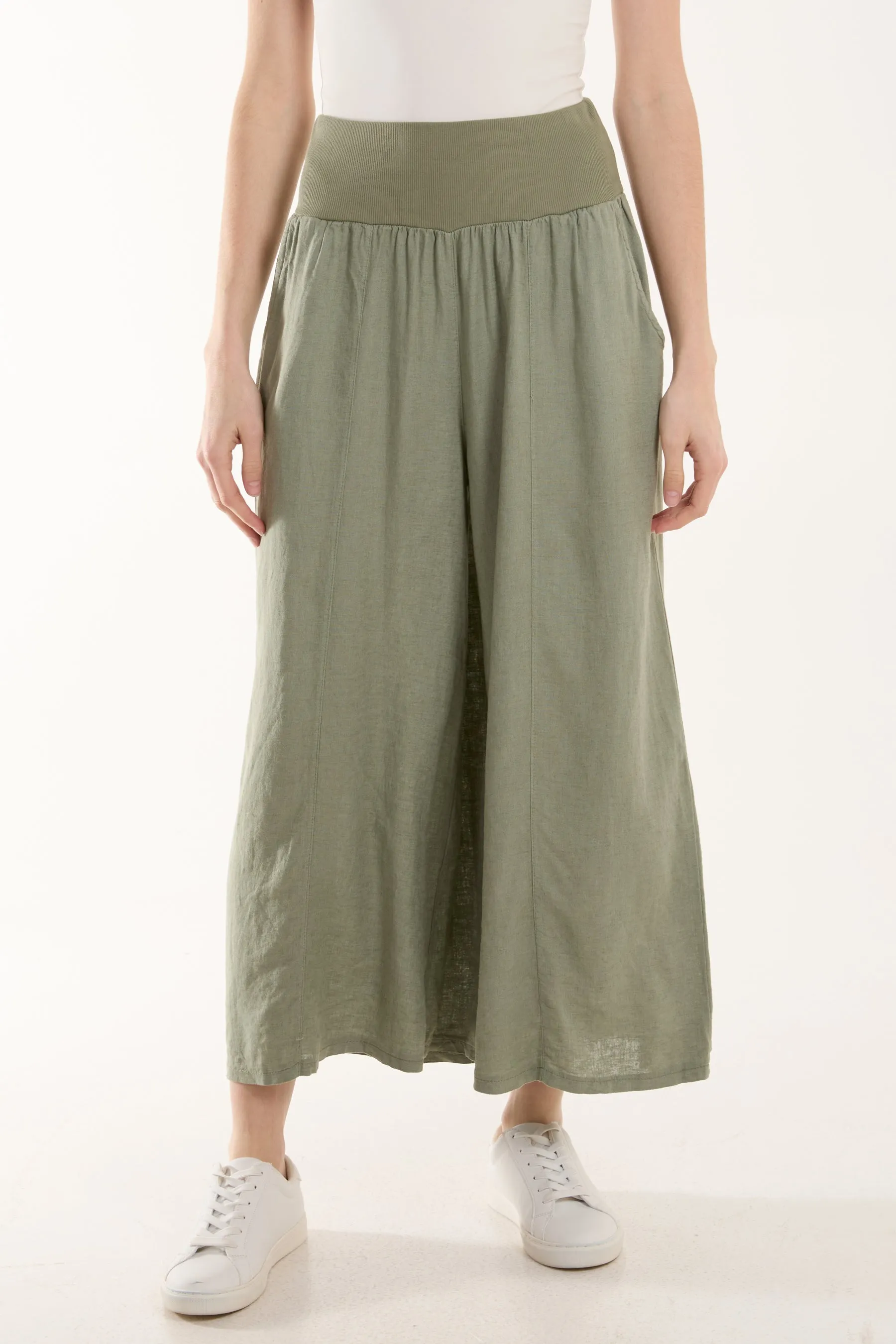 Linen Blend Wide Leg Waistband Trousers
