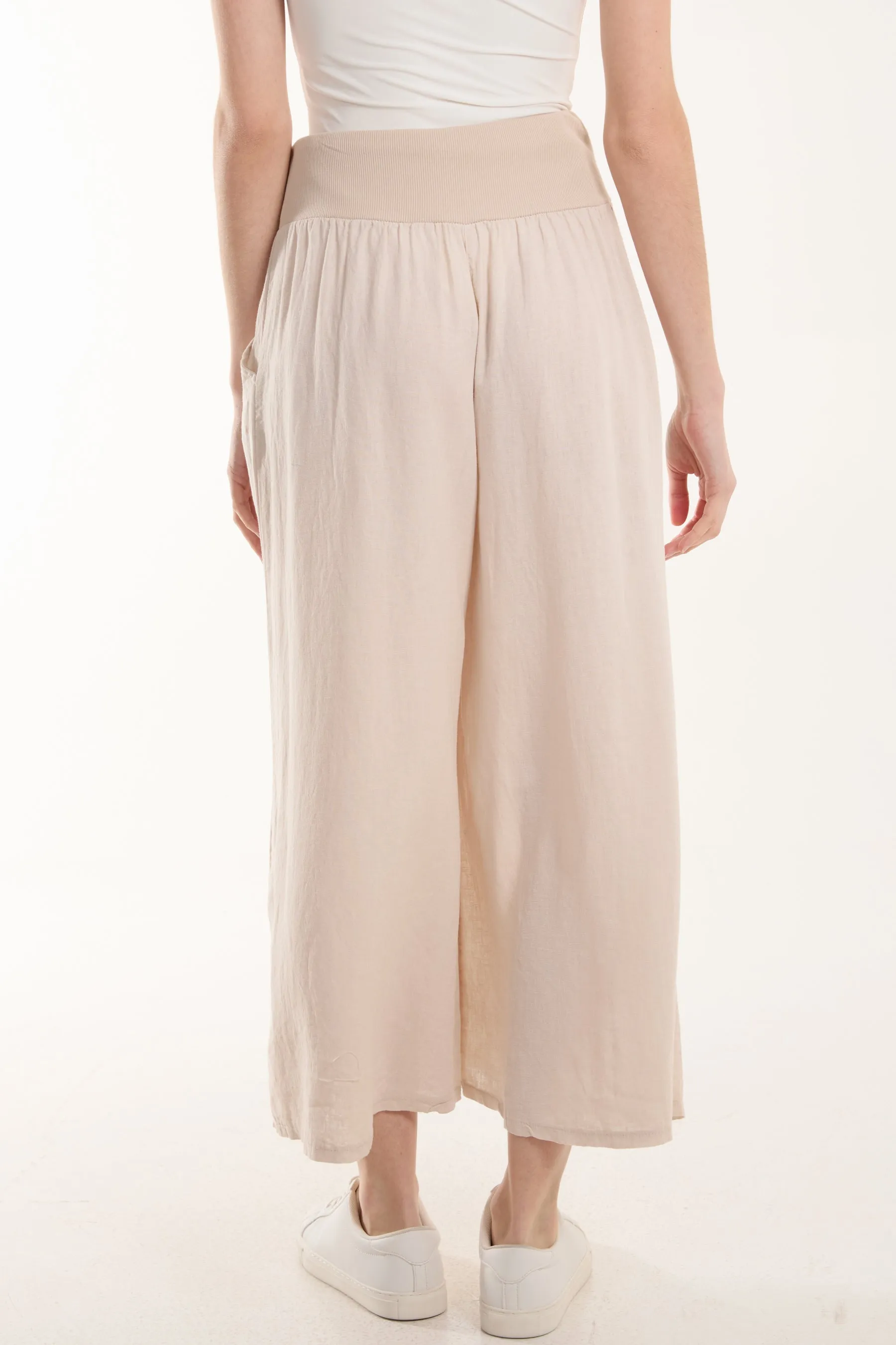Linen Blend Wide Leg Waistband Trousers