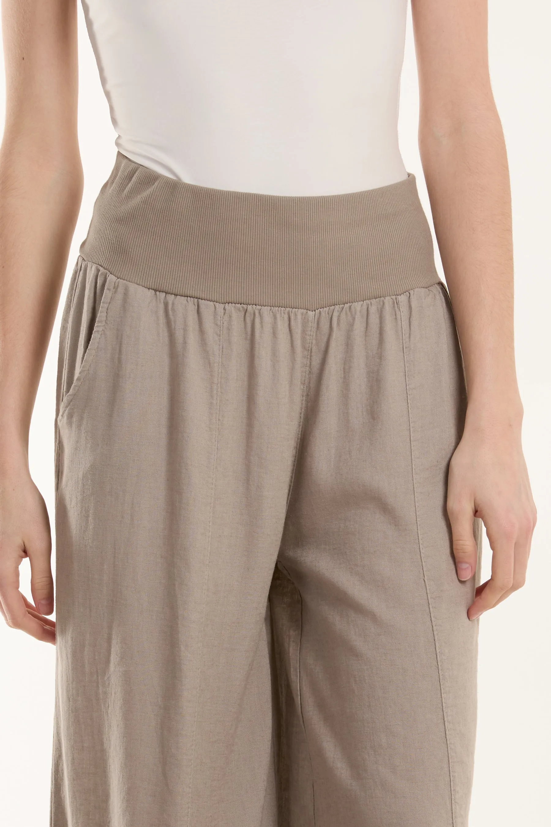 Linen Blend Wide Leg Waistband Trousers