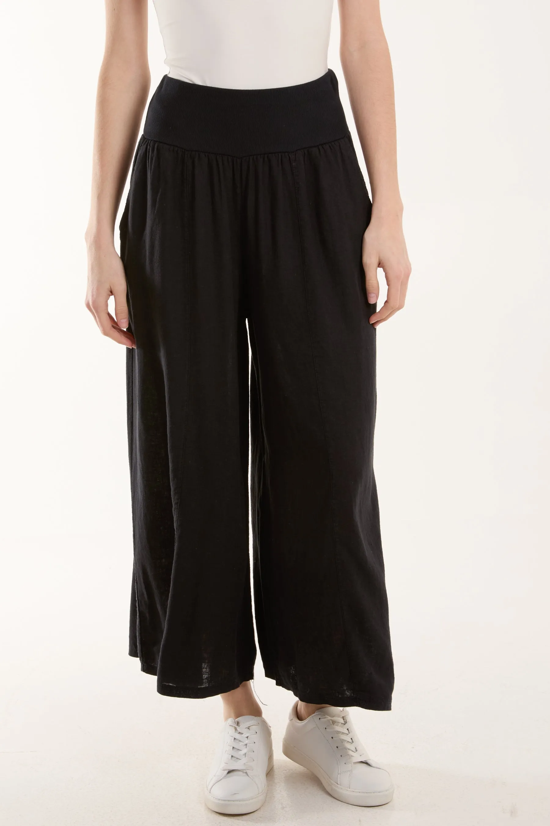 Linen Blend Wide Leg Waistband Trousers