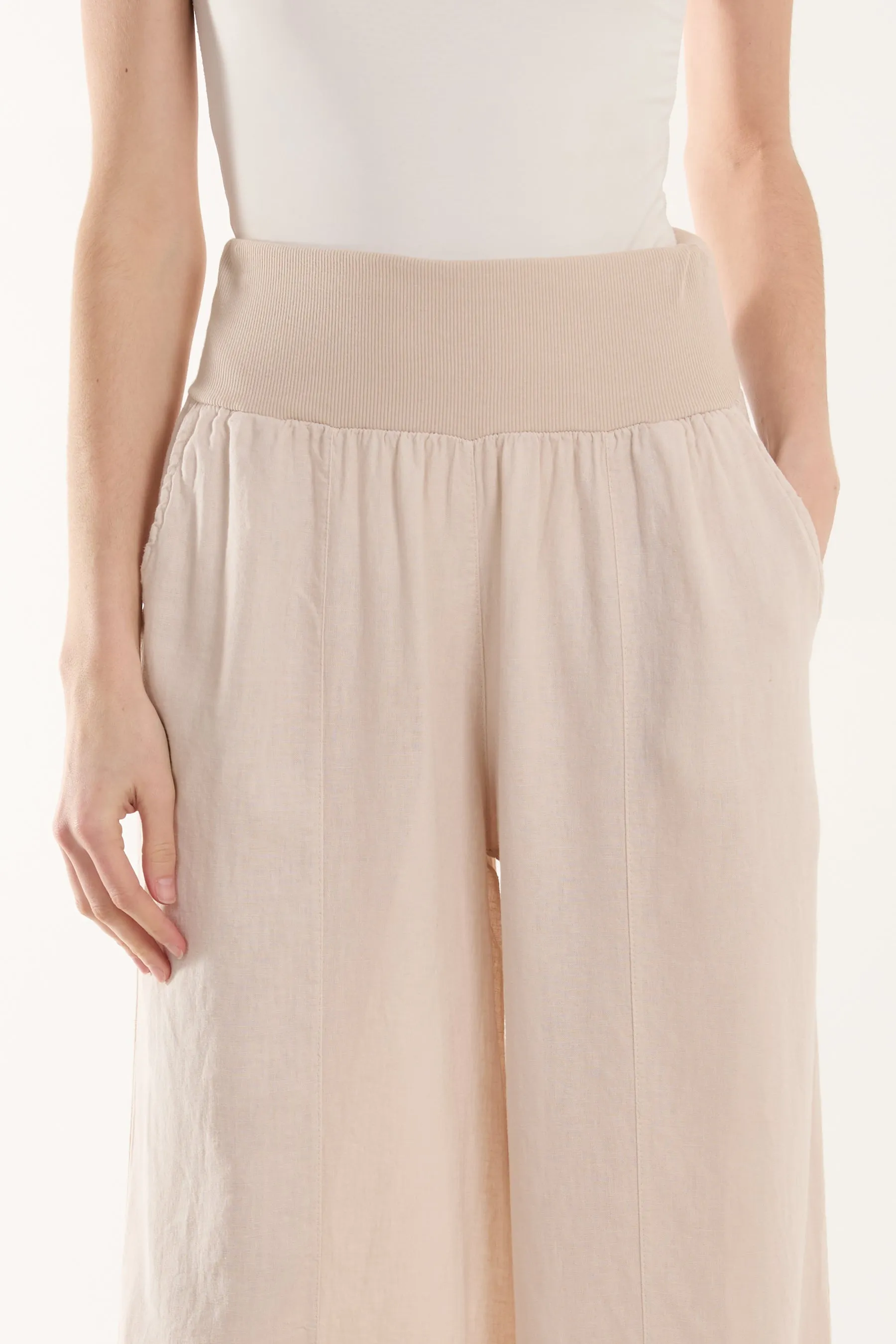 Linen Blend Wide Leg Waistband Trousers