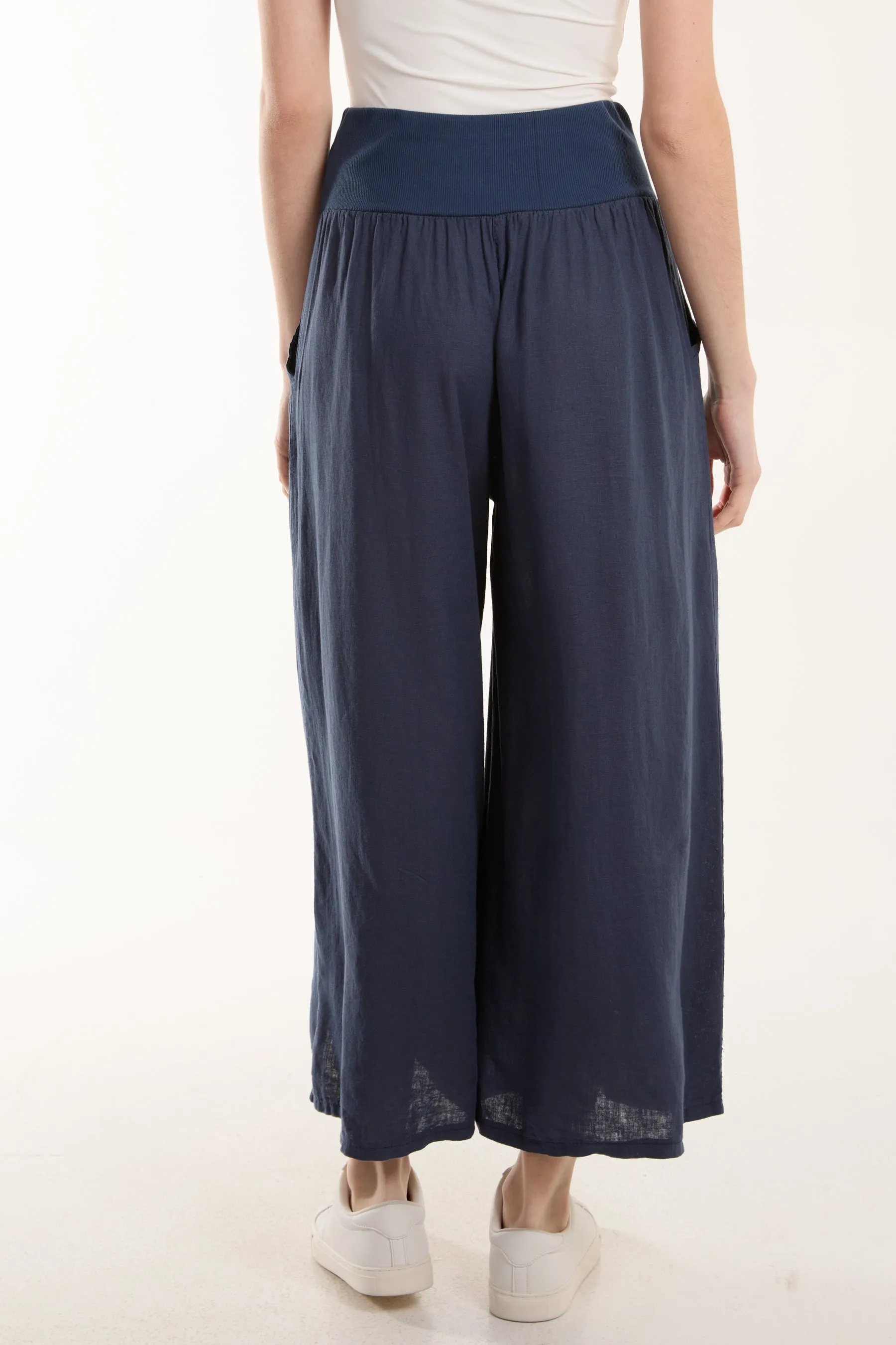 Linen Blend Wide Leg Waistband Trousers