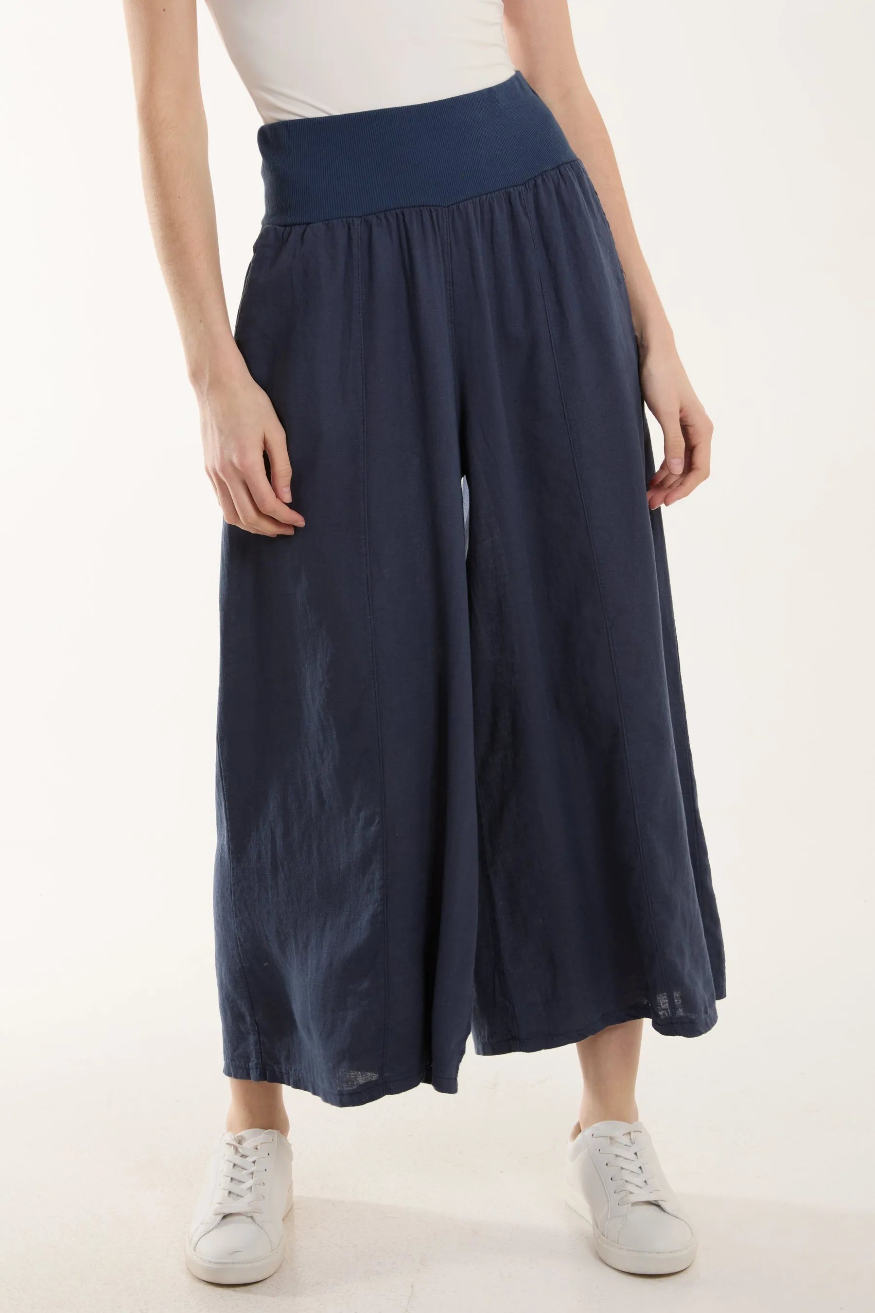 Linen Blend Wide Leg Waistband Trousers