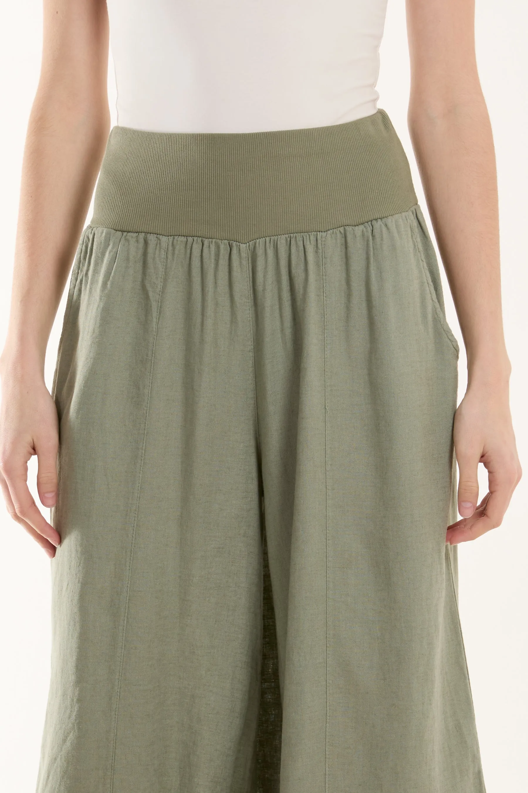 Linen Blend Wide Leg Waistband Trousers