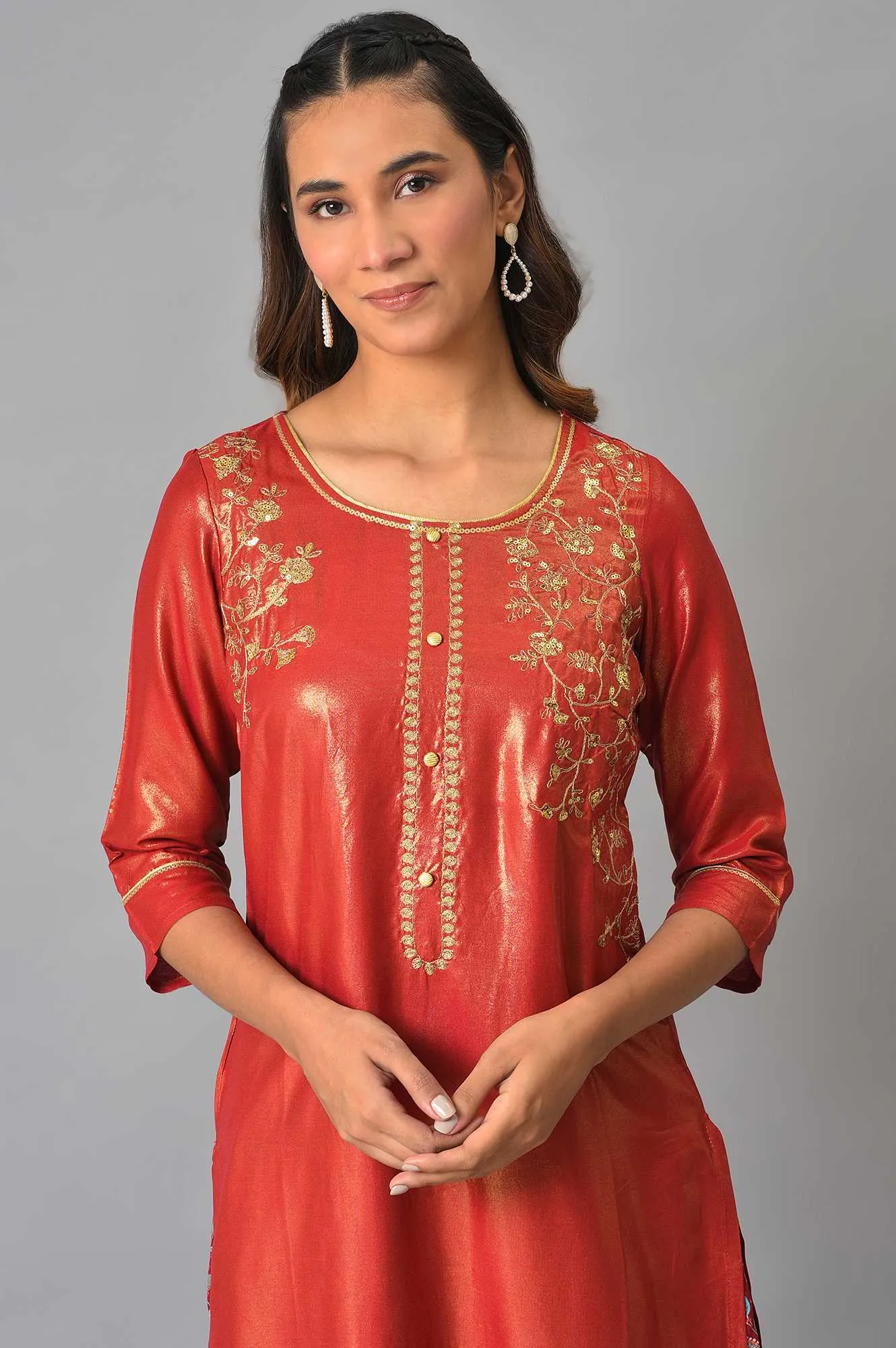 Liva Maroon Zari Embroidered Kurta With Printed Culottes