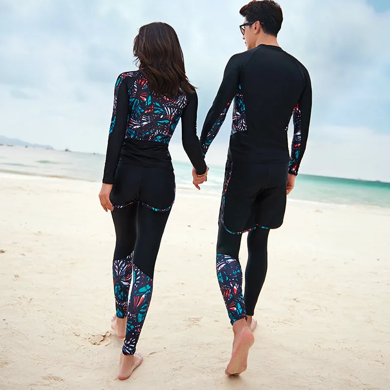 Long Sleeve Rash Guard Women Print 5 Pieces Swimsuit Zipper Swimwear