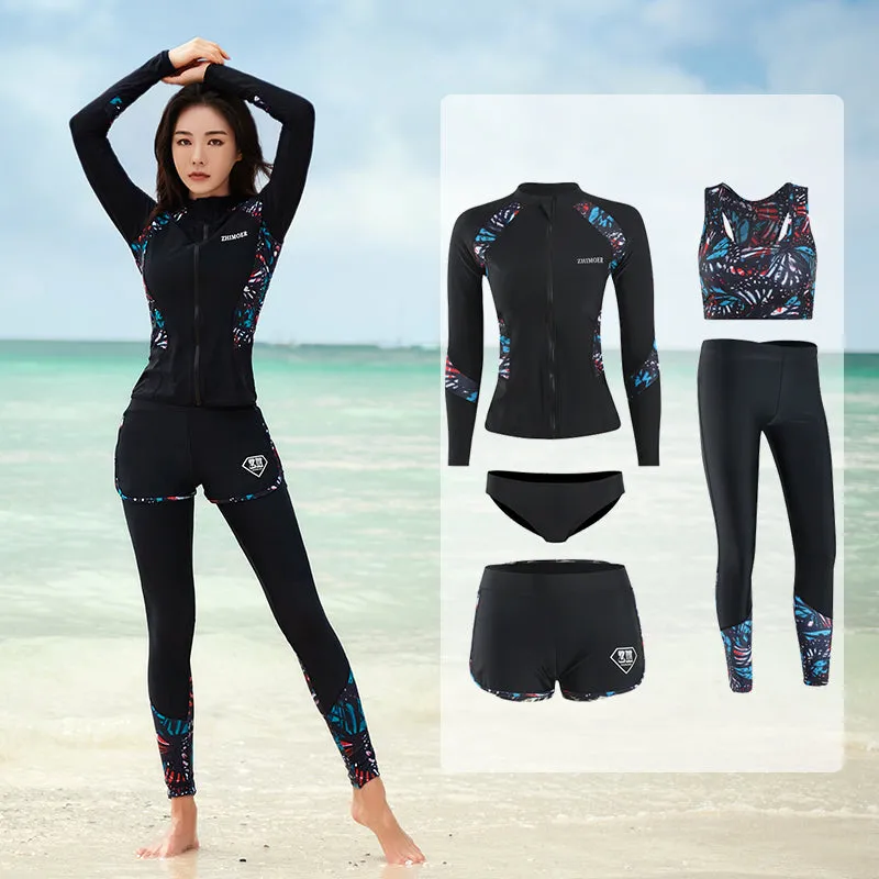 Long Sleeve Rash Guard Women Print 5 Pieces Swimsuit Zipper Swimwear