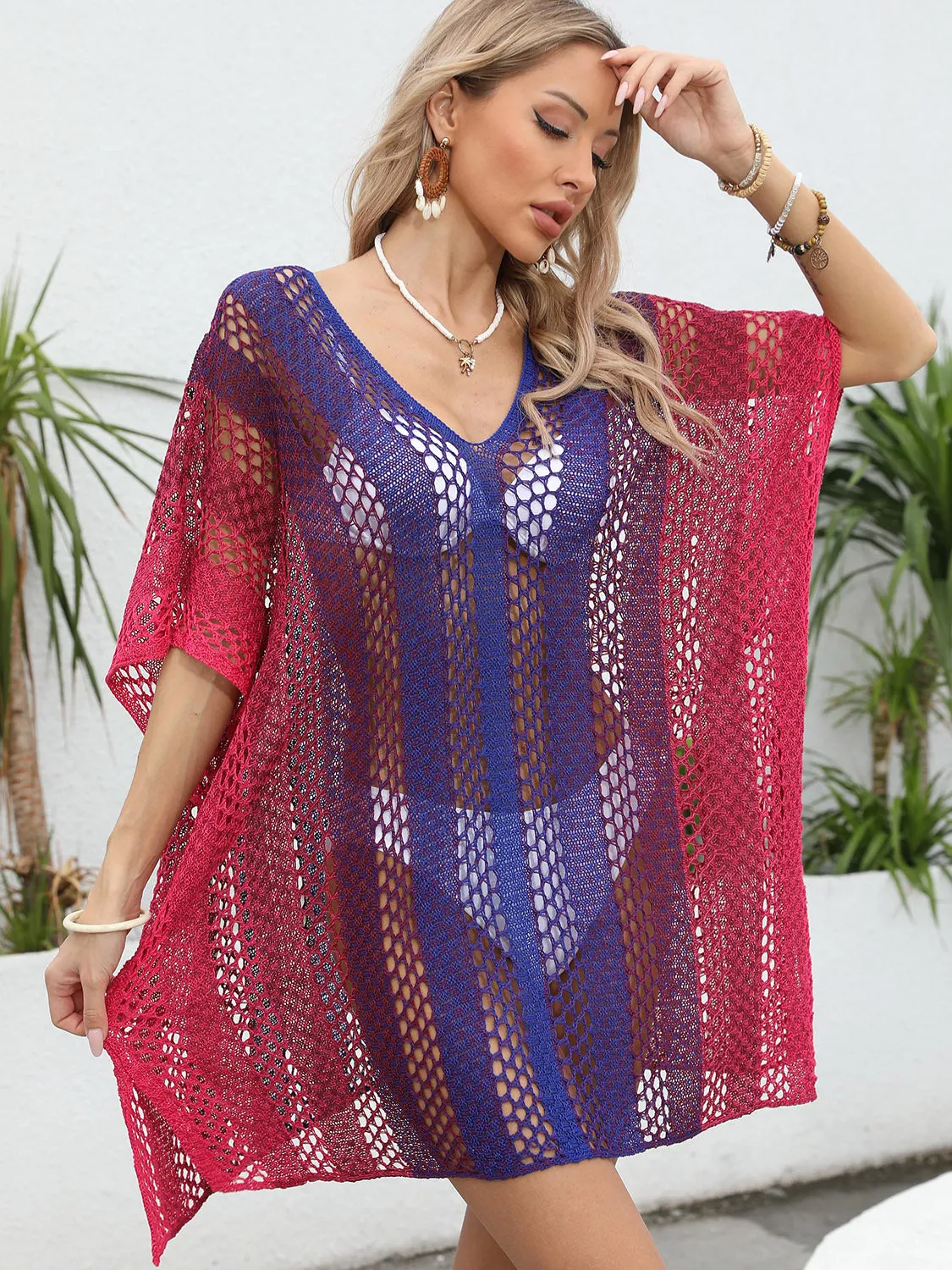 Loretta Openwork Contrast V-Neck Cover-Up