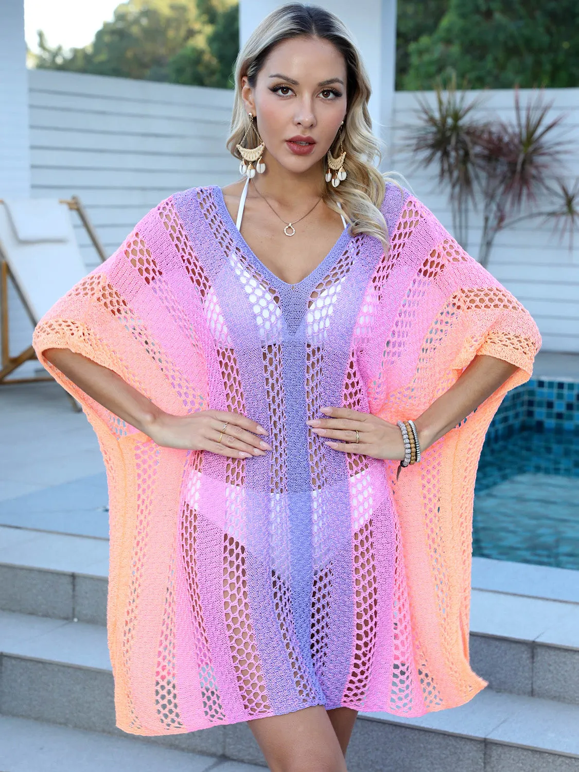 Loretta Openwork Contrast V-Neck Cover-Up