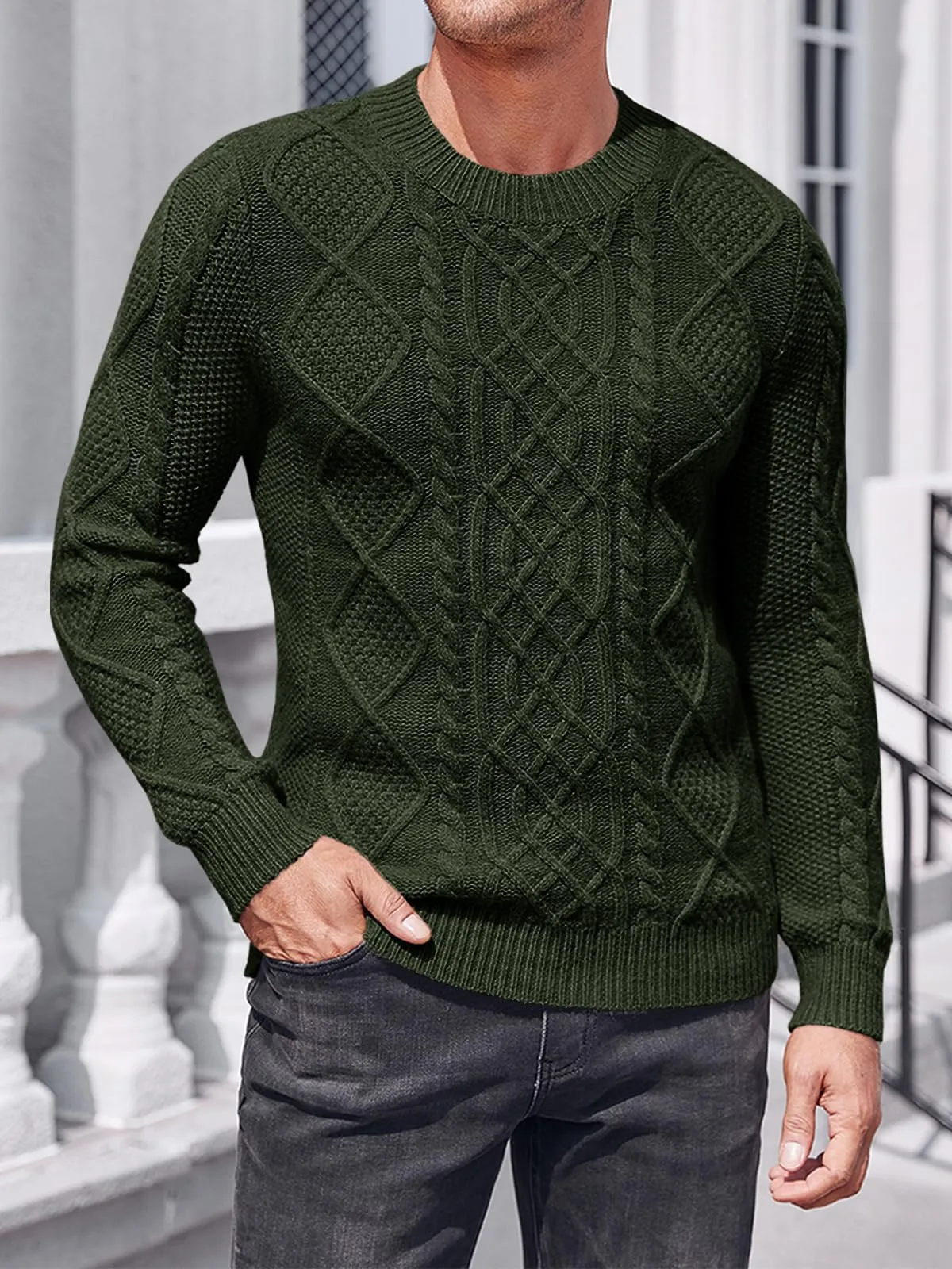 Men's Chunky Cable Knit Crewneck Pullover Sweater