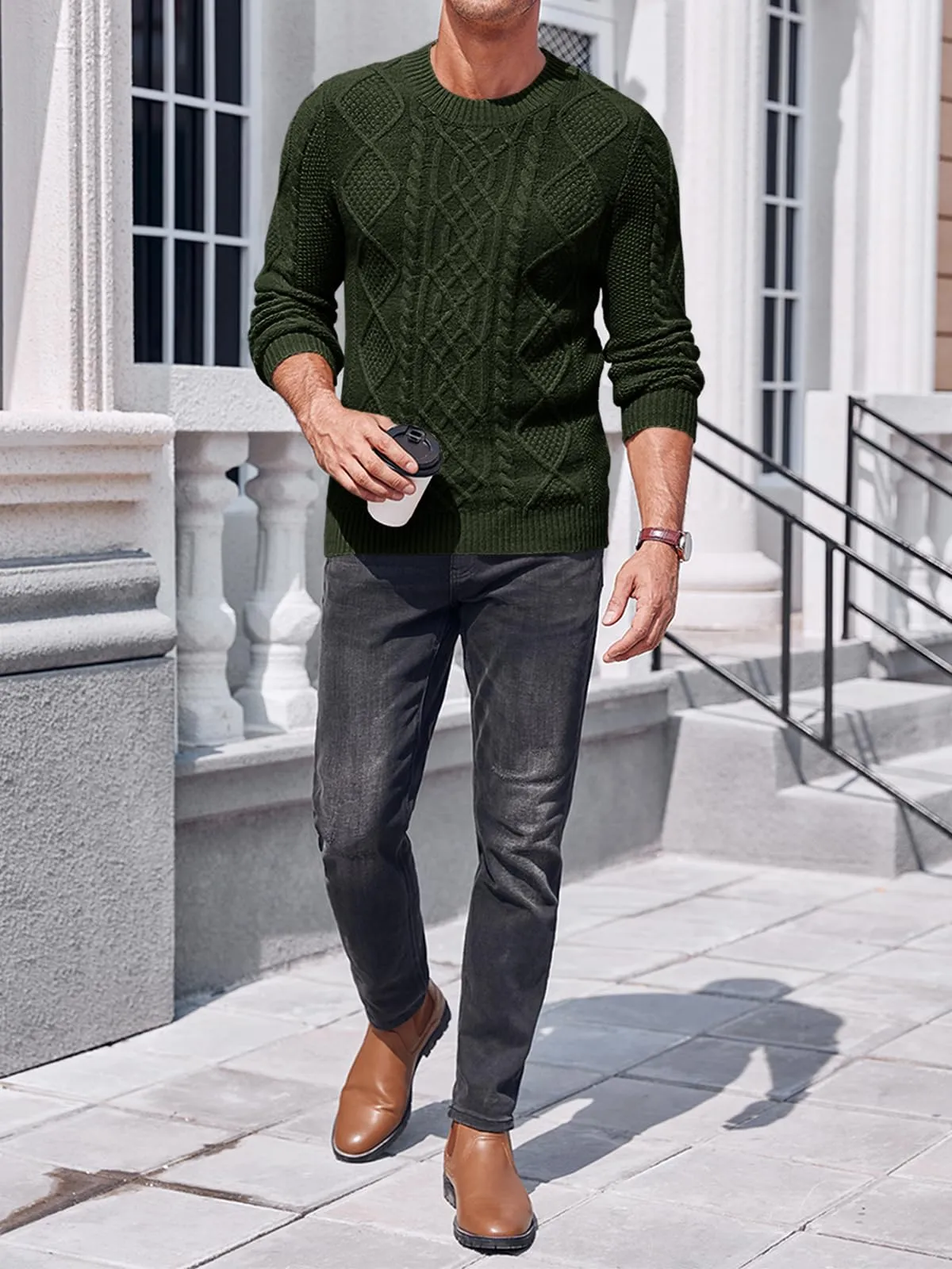 Men's Chunky Cable Knit Crewneck Pullover Sweater