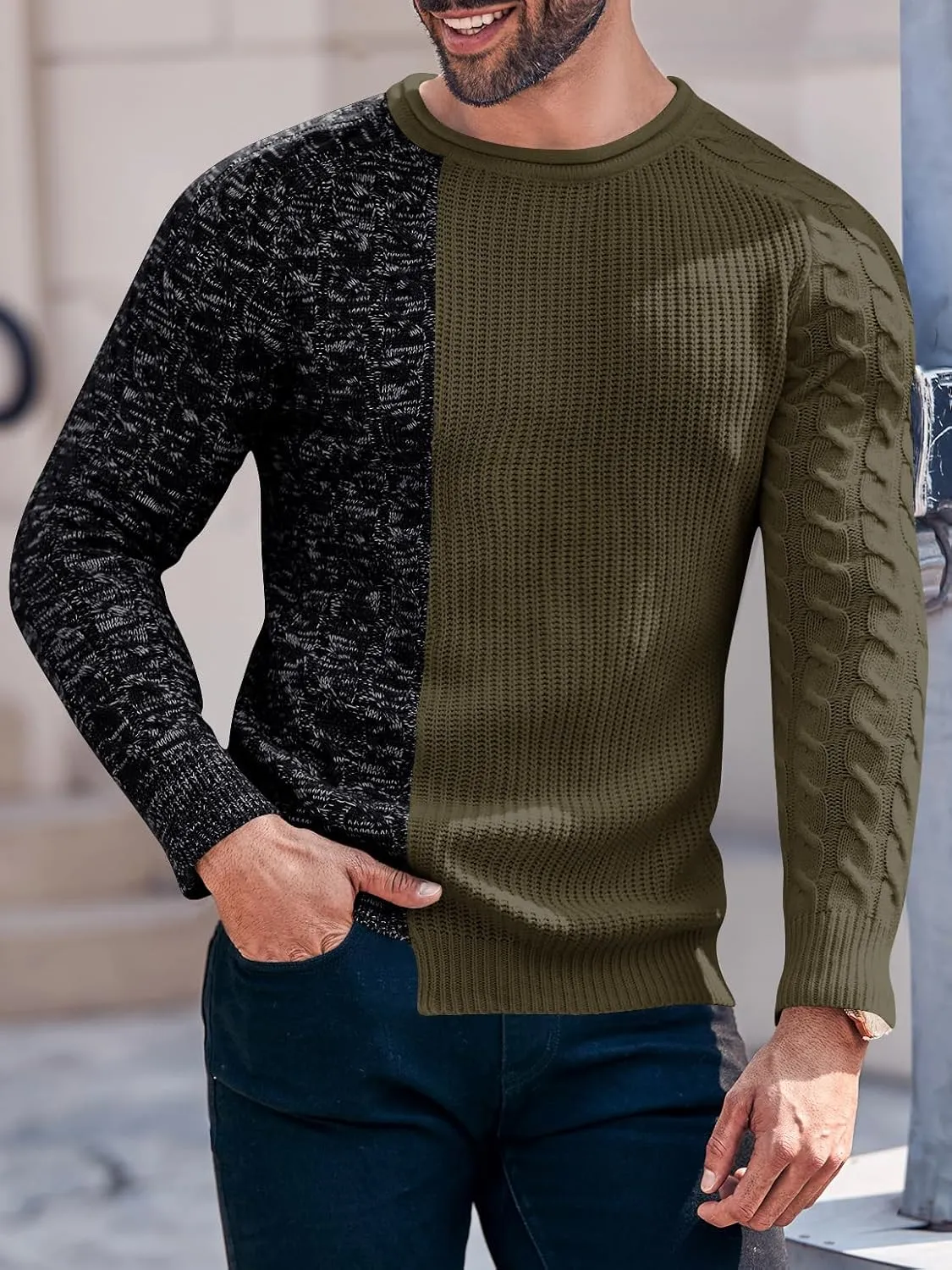 Men's Pullover Sweater Winter Ribbed Knitted Color Block Comfort Stylish Twisted Long Sleeve Sweaters