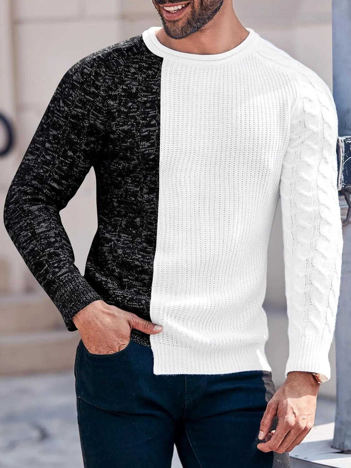 Men's Pullover Sweater Winter Ribbed Knitted Color Block Comfort Stylish Twisted Long Sleeve Sweaters