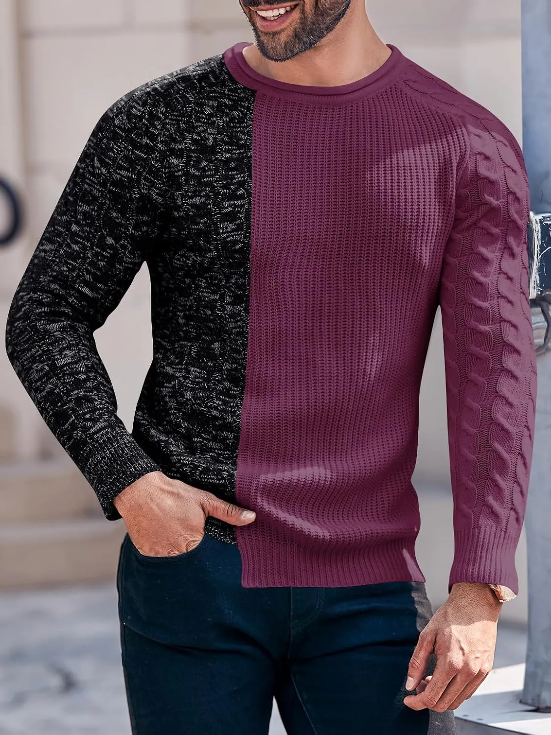 Men's Pullover Sweater Winter Ribbed Knitted Color Block Comfort Stylish Twisted Long Sleeve Sweaters