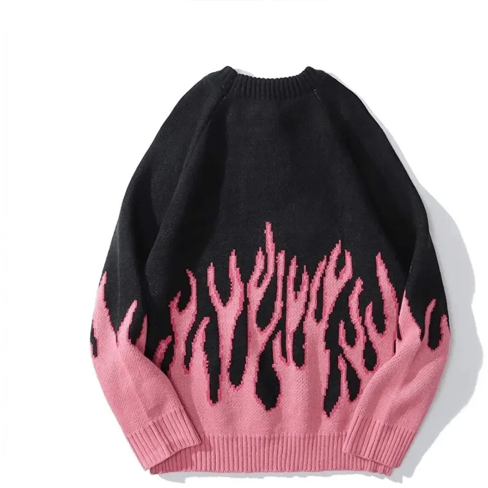 Men's Sweaters Streetwear Retro Women Pink Flame Knitted Pullover Sweater Tops Hip Hop New Pull Over Casual Pink Flame Off Shoulder Sweater Men Women Autumn Oversized Men's Sweater Knitwear