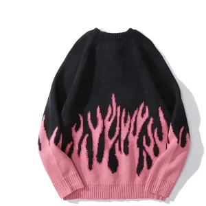 Men's Sweaters Streetwear Retro Women Pink Flame Knitted Pullover Sweater Tops Hip Hop New Pull Over Casual Pink Flame Off Shoulder Sweater Men Women Autumn Oversized Men's Sweater Knitwear
