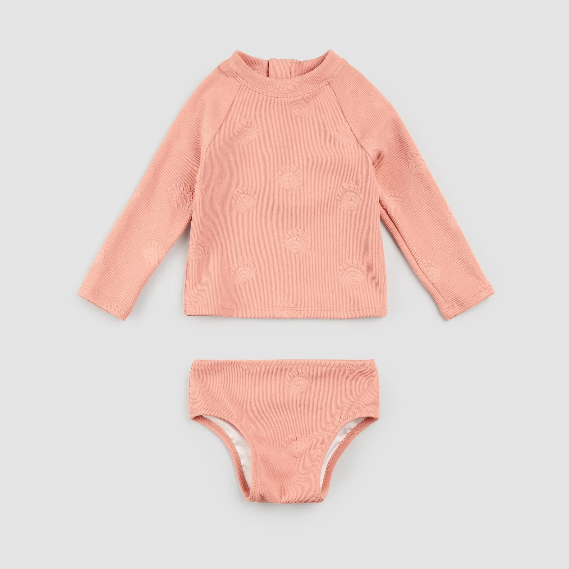 Miles the Label Girls Embossed Seashell Print on Long Sleeve Rashguard Swim Set: Size 6 to 10 Years