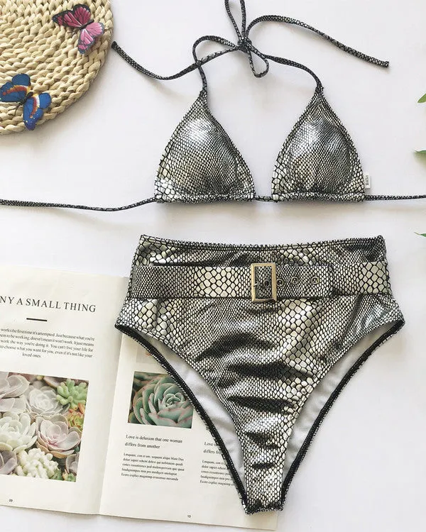 New Crocodile Skin Halter With Belt High Waisted Bikini Sets