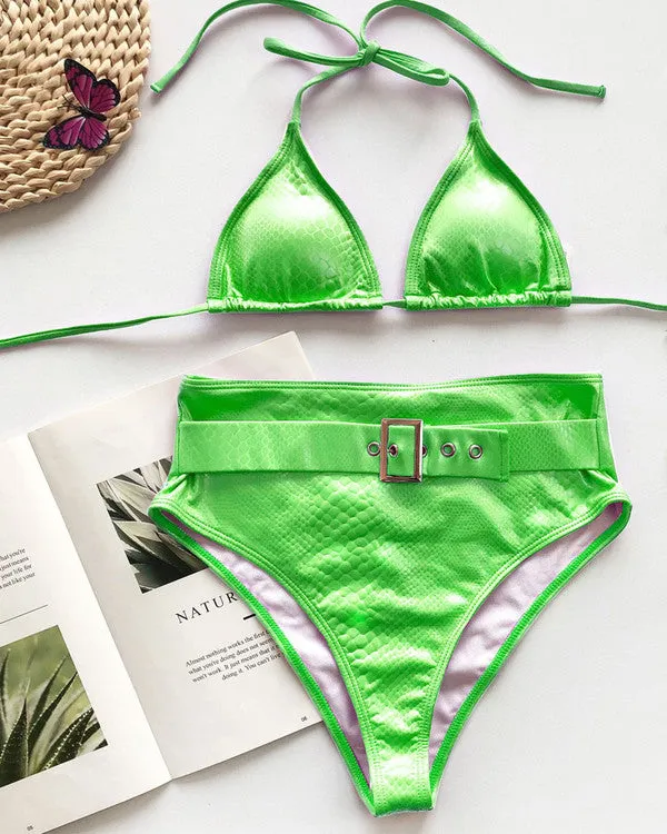 New Crocodile Skin Halter With Belt High Waisted Bikini Sets