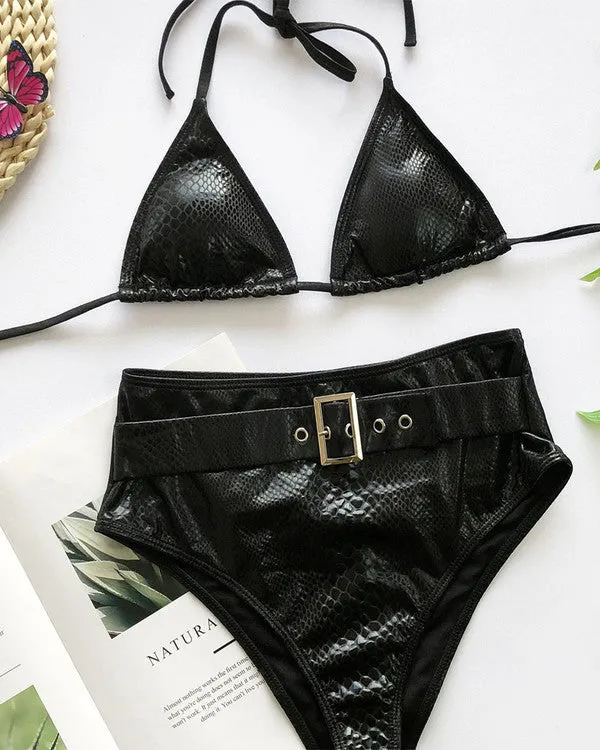 New Crocodile Skin Halter With Belt High Waisted Bikini Sets