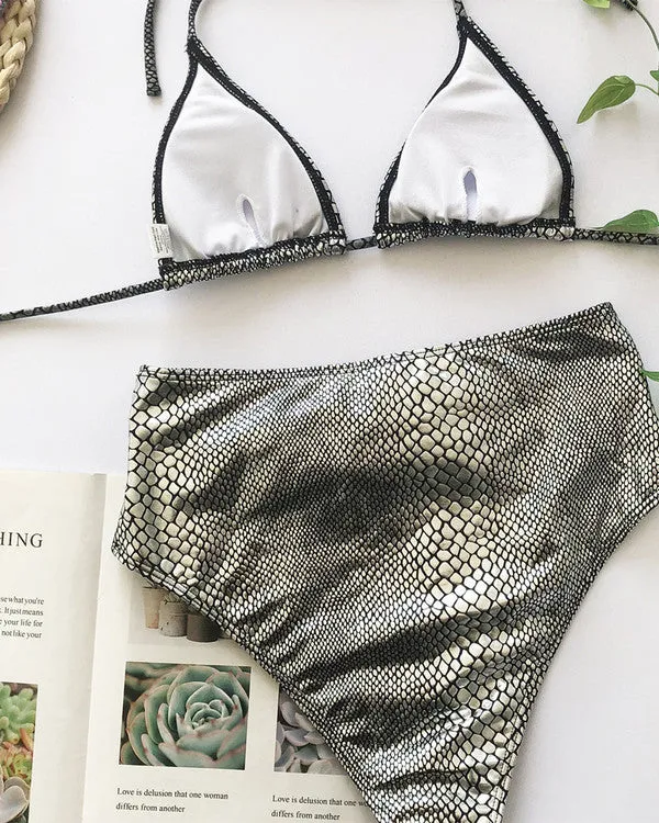 New Crocodile Skin Halter With Belt High Waisted Bikini Sets