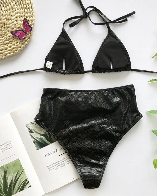 New Crocodile Skin Halter With Belt High Waisted Bikini Sets