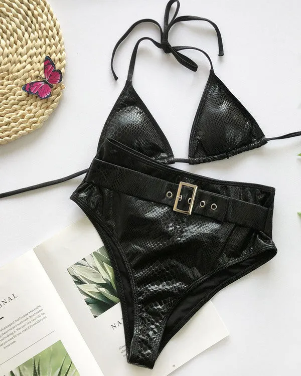 New Crocodile Skin Halter With Belt High Waisted Bikini Sets