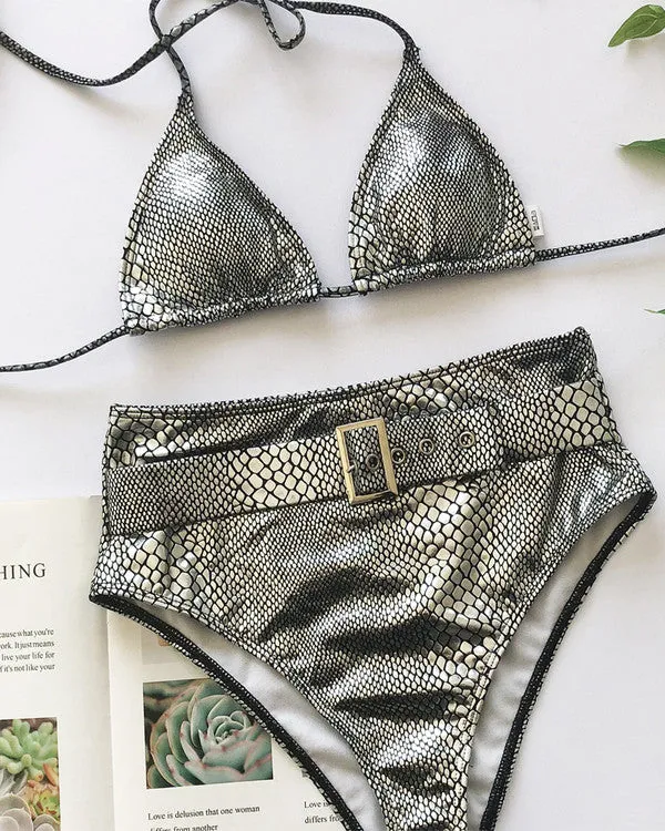 New Crocodile Skin Halter With Belt High Waisted Bikini Sets