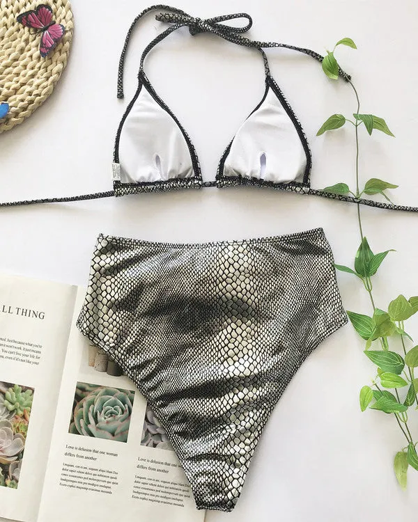 New Crocodile Skin Halter With Belt High Waisted Bikini Sets