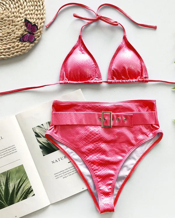 New Crocodile Skin Halter With Belt High Waisted Bikini Sets
