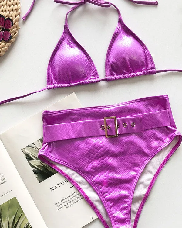New Crocodile Skin Halter With Belt High Waisted Bikini Sets