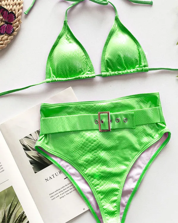 New Crocodile Skin Halter With Belt High Waisted Bikini Sets