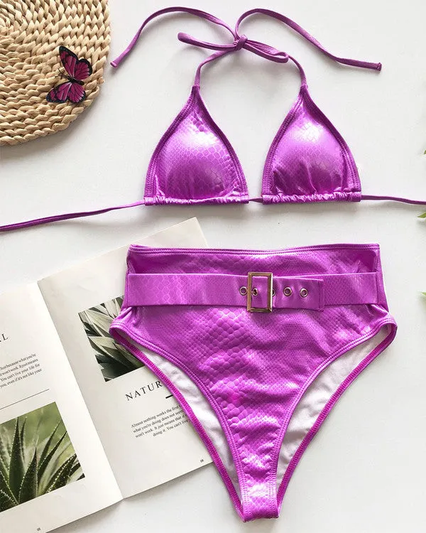 New Crocodile Skin Halter With Belt High Waisted Bikini Sets