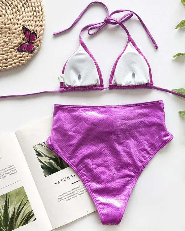 New Crocodile Skin Halter With Belt High Waisted Bikini Sets