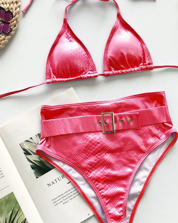 New Crocodile Skin Halter With Belt High Waisted Bikini Sets