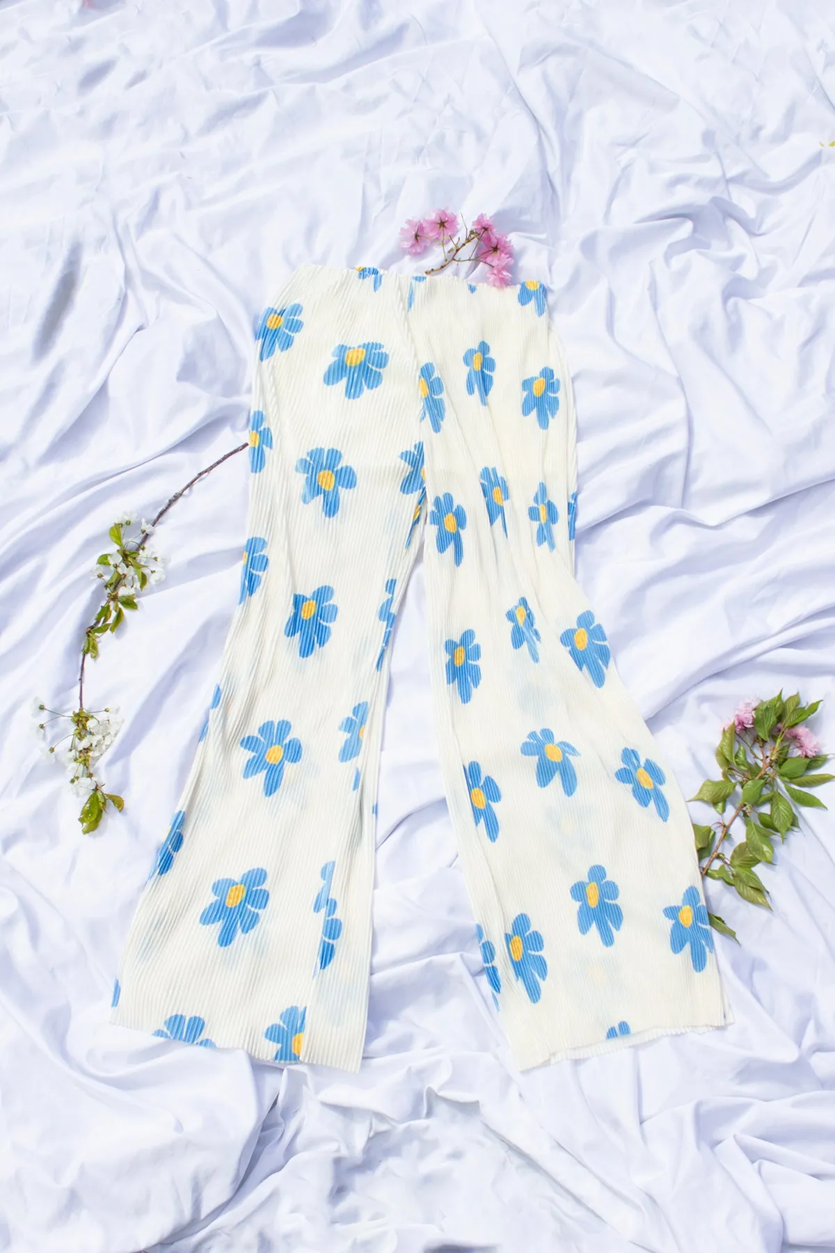 Plisse Solid Pleat Floral Print Wide Leg Culotte Trousers