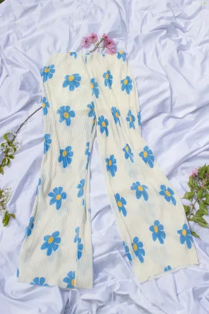 Plisse Solid Pleat Floral Print Wide Leg Culotte Trousers
