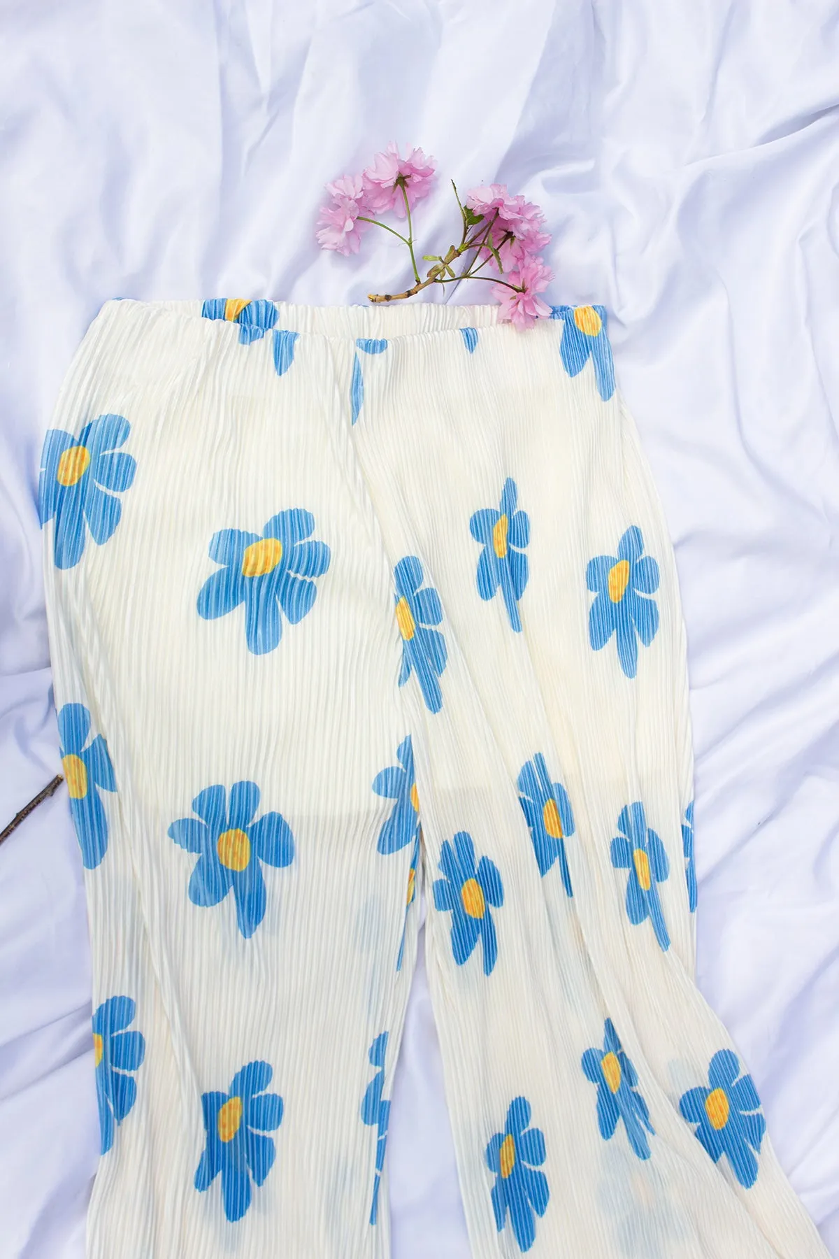 Plisse Solid Pleat Floral Print Wide Leg Culotte Trousers