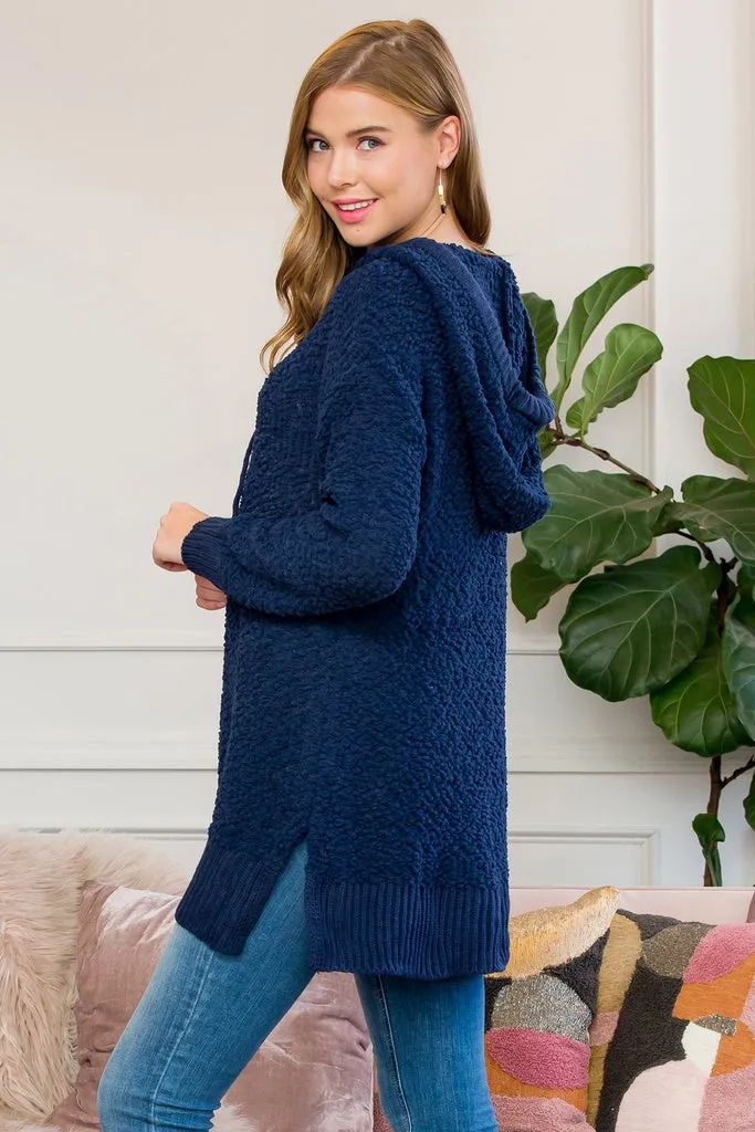 Popcorn Rib Detail Hooded Pullover