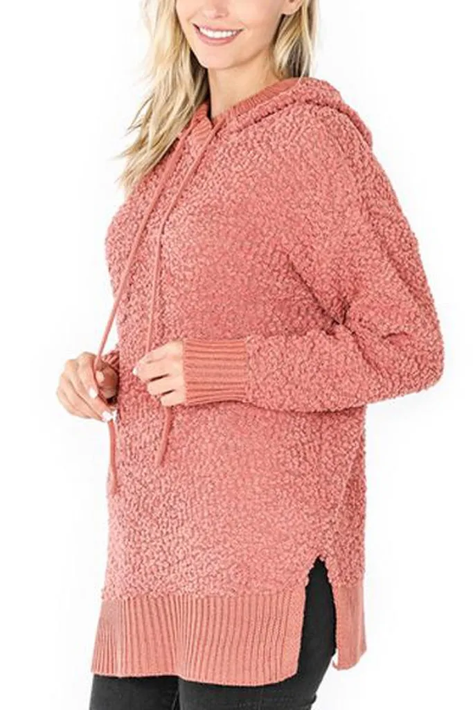 Popcorn Rib Detail Hooded Pullover
