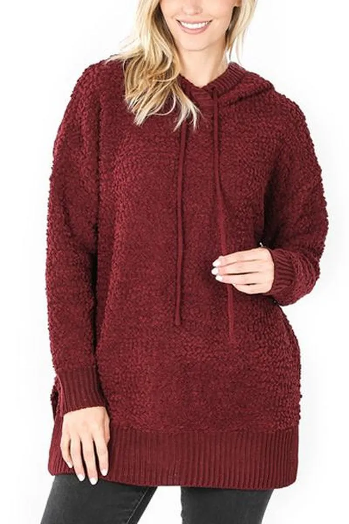 Popcorn Rib Detail Hooded Pullover