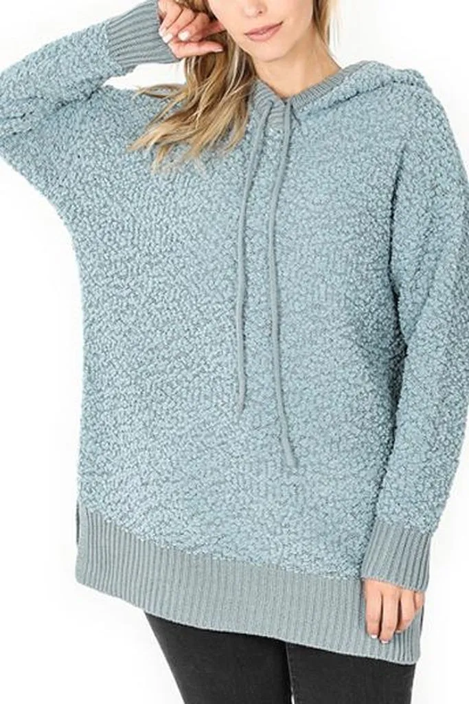 Popcorn Rib Detail Hooded Pullover