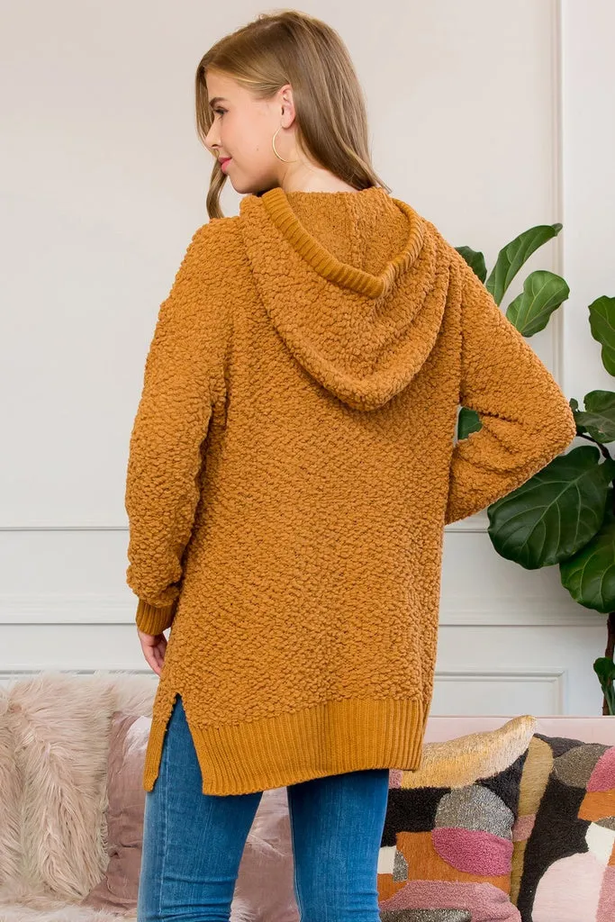 Popcorn Rib Detail Hooded Pullover